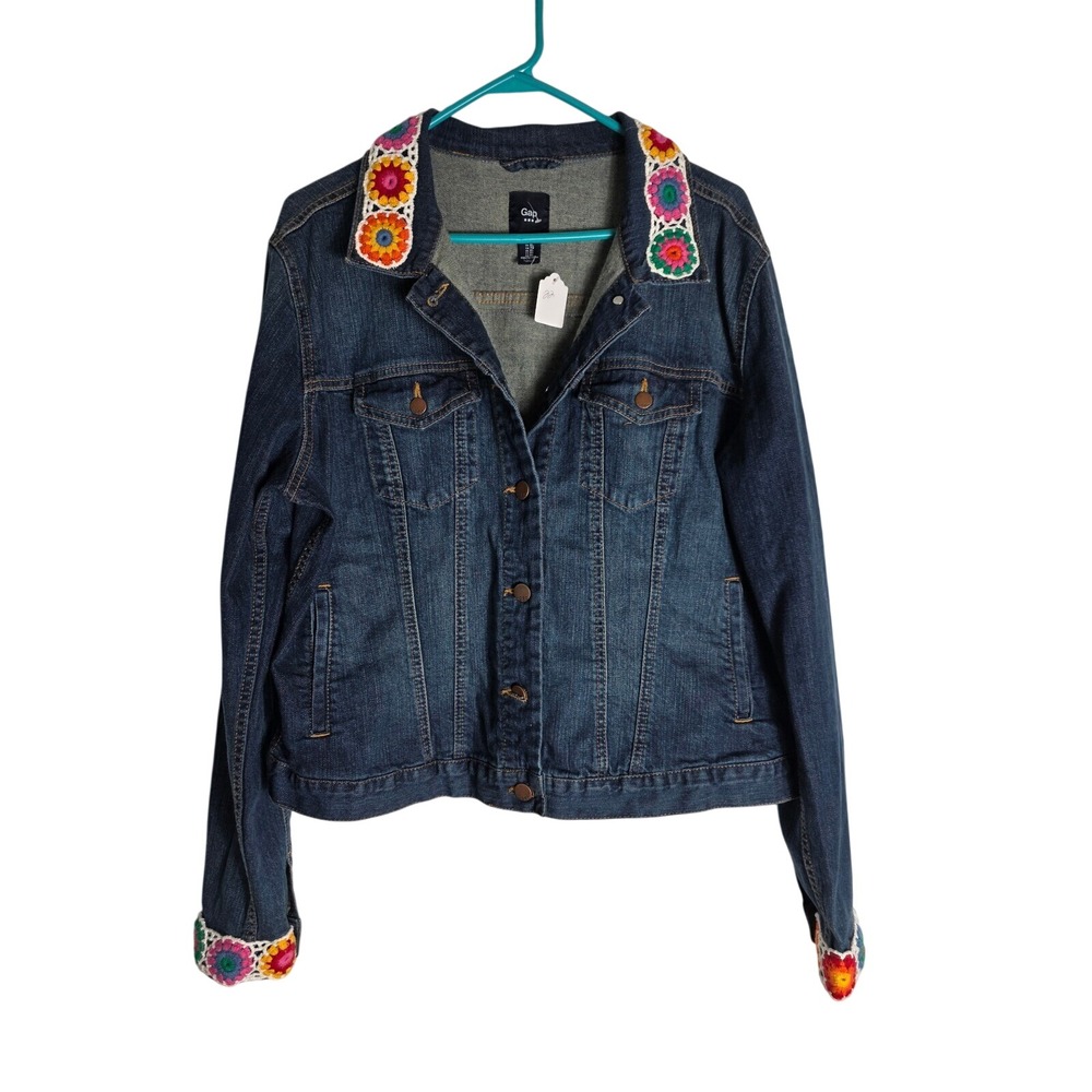 Upcycled Gap Denim Jacket Crochet Trim Skull Patch Unique Jean Jacket Boho Chic